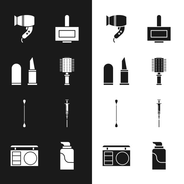 设置发刷，口红，干衣机，指甲油瓶，棉签耳朵，注射器，美容霜管和眼影调色板图标。向量图片下载