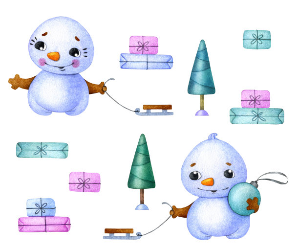 收集小雪人。可爱的冬季角色。图片下载