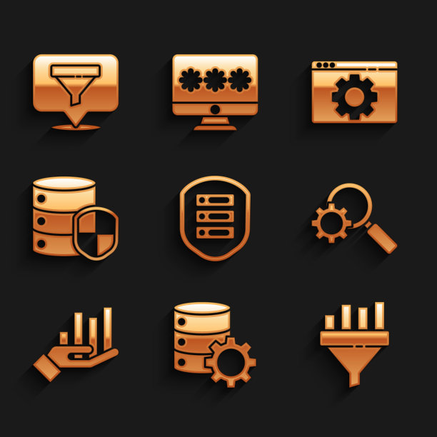 设置服务器与盾，齿轮，销售漏斗图，放大镜，饼信息图，浏览器设置和位置销售图标。向量图片下载