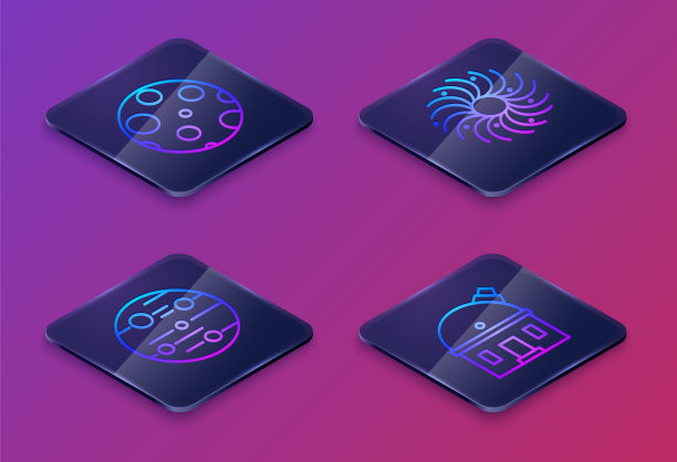 设置等距线月球，火星，黑洞和天文台。蓝色方框按钮。向量图片下载