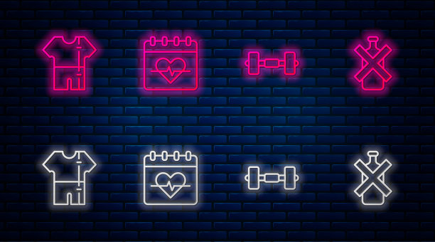 设定线心率，哑铃，运动运动服和酒精。砖墙上发光的霓虹灯图标。向量图片下载