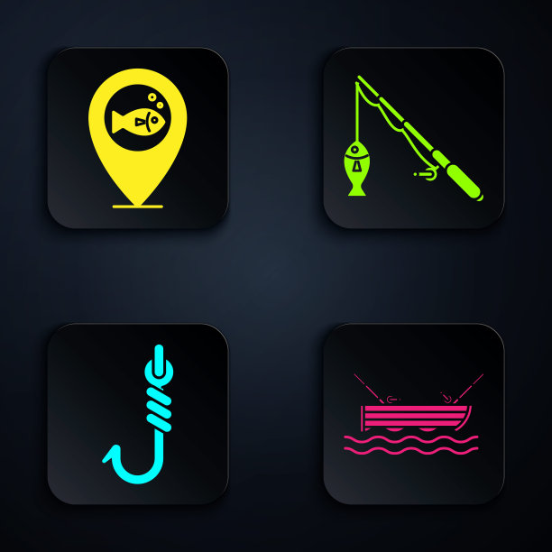 在水上设置带鱼竿的渔船，位置捕鱼，鱼钩和鱼竿和鱼。黑色方形按钮。向量图片下载