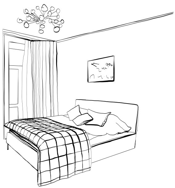 卧室现代室内素描。家具图片下载