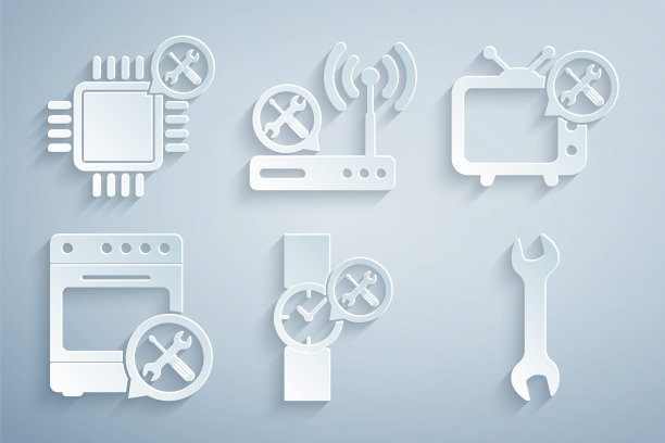 设置手表服务，电视，烤箱，扳手，路由器wi-fi和处理器图标。向量图片下载