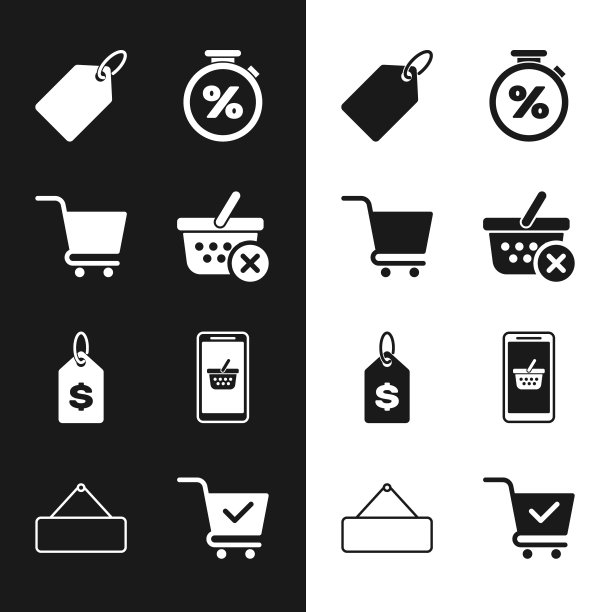 设置移除购物篮，购物车，标签模板价格标签，秒表和百分比，价格与美元，手机，检查标记和招牌悬挂图标。向量图片下载