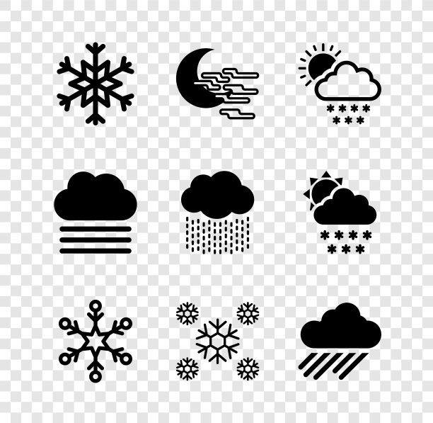 设置雪花，雾和月亮，云与雪太阳，和雨图标。向量图片下载