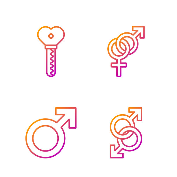 设置行男性性别符号，男性性别符号，关键在心形和性别。渐变颜色图标。向量图片下载