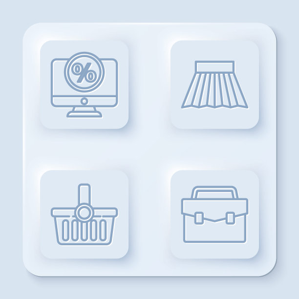 设置线百分比折扣和显示器，裙子，购物篮和公文包。白色方形按钮。向量图片下载