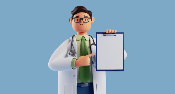 3d渲染，白人男性医生戴着眼镜，拿着蓝色的剪贴板，上面有空白的文件。蓝色背景上隔离的医疗剪贴画。健康保险。专业治疗师医院助理图片下载