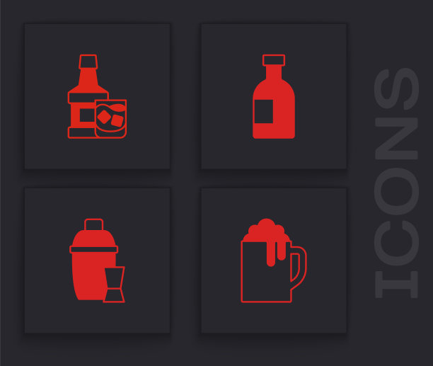 设置木制啤酒杯，威士忌瓶和玻璃杯，伏特加酒和鸡尾酒摇酒器的图标。向量图片下载