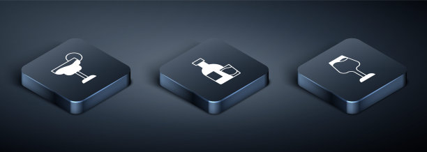 用图标设置等距鸡尾酒、酒杯和伏特加酒瓶。向量图片下载