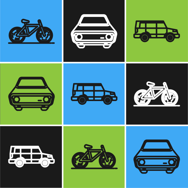设置线路自行车，越野汽车和汽车图标。向量图片下载