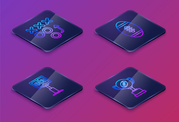 设置等距线规划策略概念，体育足球机械计分板和结果显示，美式足球和奖杯和美式足球。蓝色方框按钮。向量图片下载