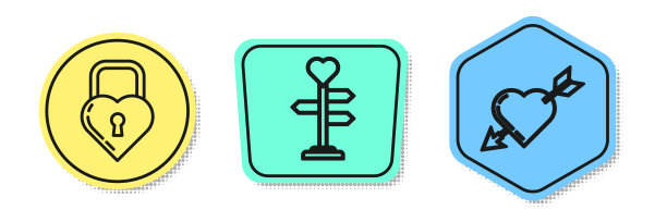 设置线城堡在一个心脏的形状，路标与心脏和爱的符号与心脏和箭头。颜色的形状。向量图片下载