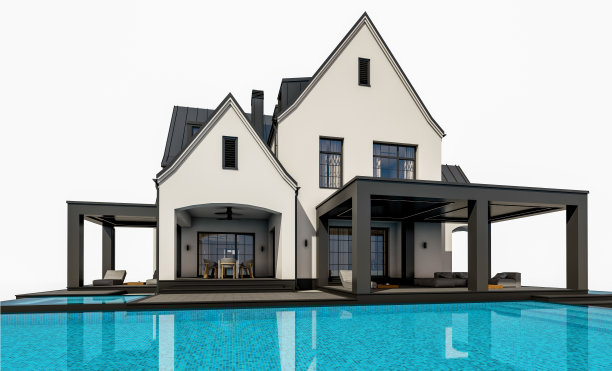 白色和黑色的现代都铎式房子孤立在白色的3d渲染图片下载