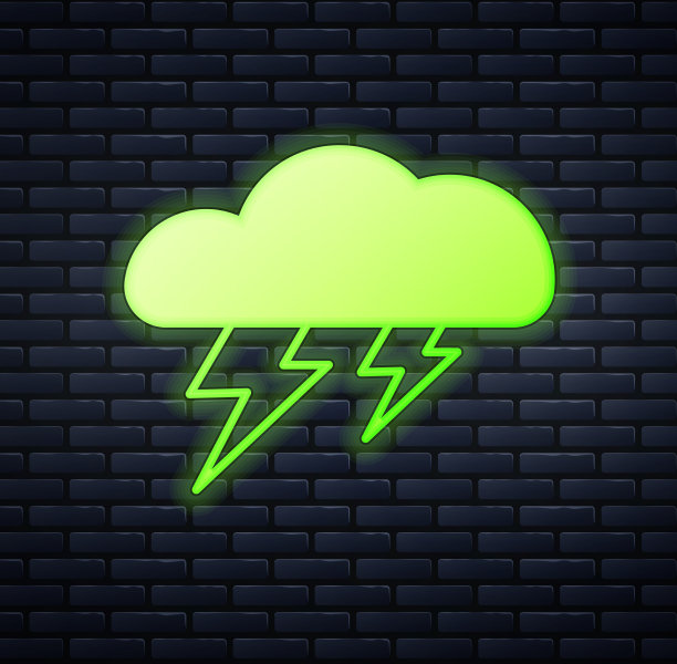 发光的霓虹灯风暴图标隔离在砖墙上图片下载