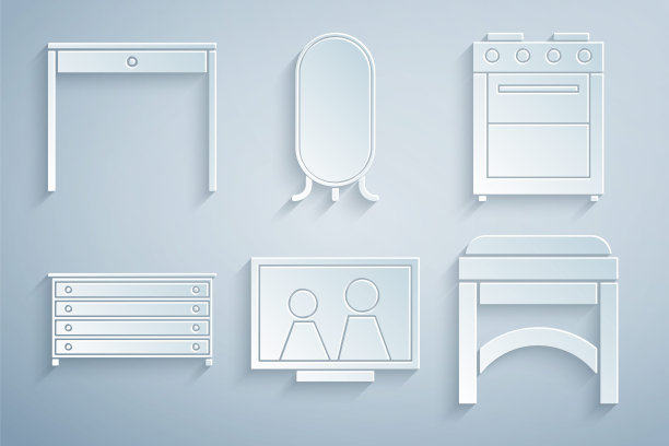 在桌子、烤箱、五斗柜、椅子、大镜子和木制图标上设置相框。向量图片下载