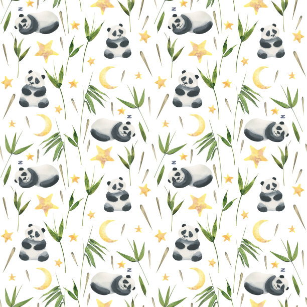 可爱的熊猫睡在竹叶和种子与星星和月亮。水彩插图。白色背景上的无缝图案来自BAMBOO系列。用于装饰、设计图片下载