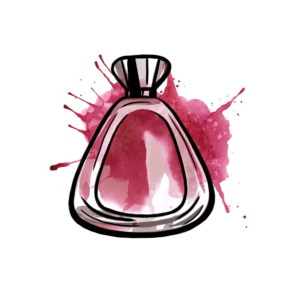 香水瓶的背景上有水彩污渍，用手绘的线条和水彩画出来。为美丽的旗帜图片下载