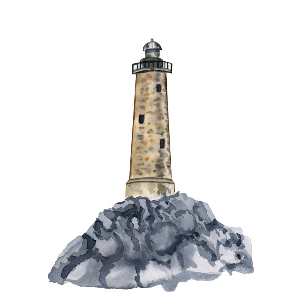 古老的灯塔上的岩石水彩插图。手绘的海滨复古建筑的现实形象图片下载