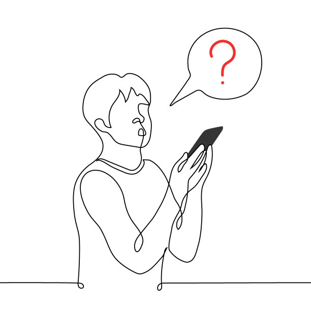 困惑的男人站在他面前拿着手机，旁边的演讲泡沫有一个大问号-一条线画矢量。观念因新闻而迷茫，尴尬源于短信图片下载