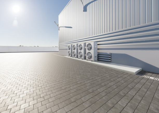 工厂外冷凝器或压缩机的三维渲染图。机组为交流空调、采暖通风或暖通空调系统。包括风扇，盘管和泵内部的冷热图片下载