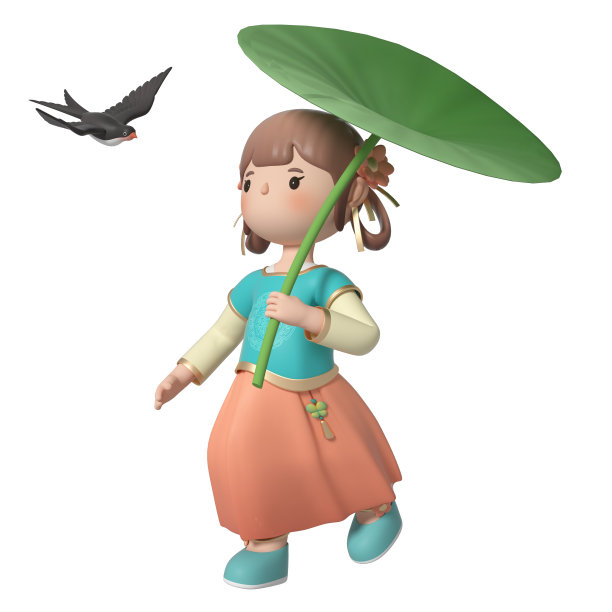 中国服装卡通女孩的3D渲染图片下载