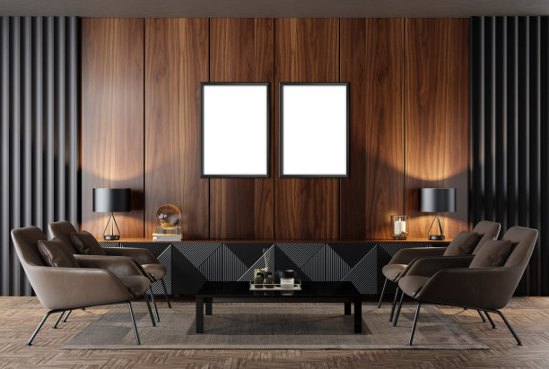 黑色豪华现代复古风格的客厅与空白的图像框架图片下载