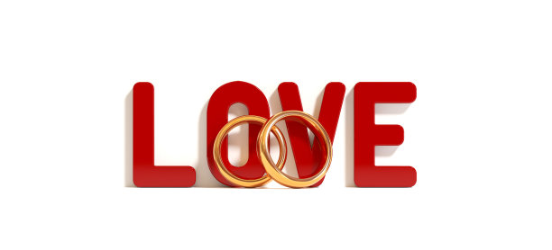 两个金戒指和“爱”字象征着爱情和婚姻的白色背景- 3D渲染图片下载