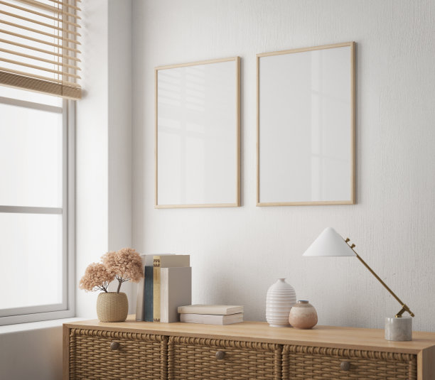 空白画框模型内部与表和装饰对象。三维渲染图片下载