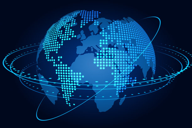 电信概念与数字图形世界地球周围的卫星圈在黑暗的背景。三维渲染图片下载