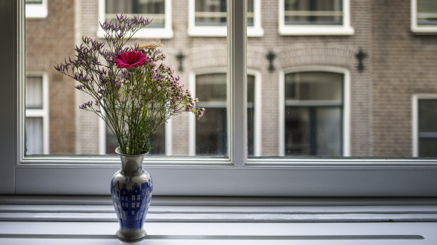 粉红色和桃色的巴伯顿雏菊花头，金银花或杰拉尔顿蜡花，盐雪松或柽柳在白色的荷兰花瓶放在白色的窗台前图片下载