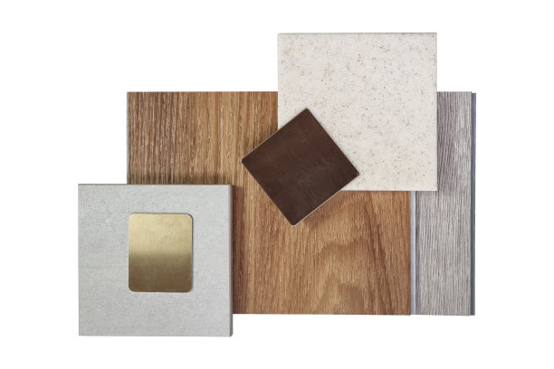 用于建筑或房屋装饰的室内设计材料板由木质乙烯地砖、石瓦、石英、不锈钢等在背景上隔离，并通过裁剪路径进行切割。图片下载