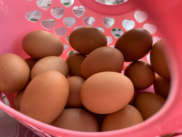 鸡蛋在一个粉红色的篮子里。图片下载