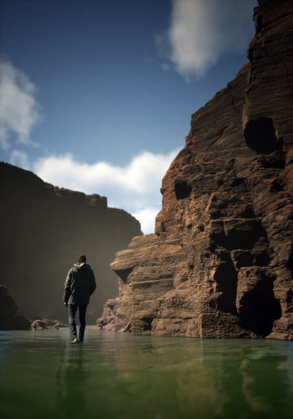 一个人走在峡谷的河里。3 d渲染。图片下载