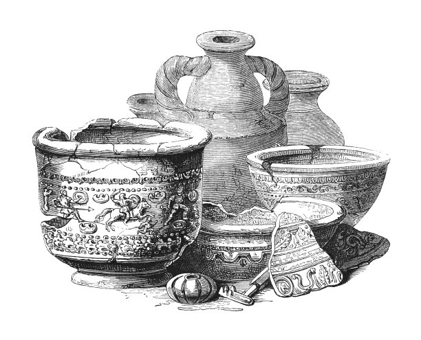 罗马古董瓮，花瓶，关键珠和碎片的陶器-古董雕刻插图图片下载