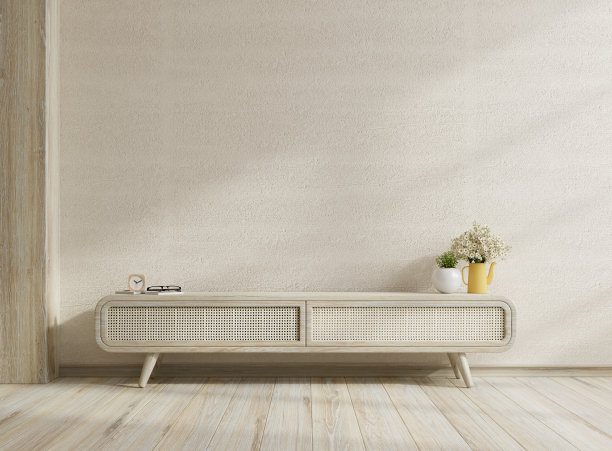 客厅内墙的电视柜模型在混凝土墙上。图片下载