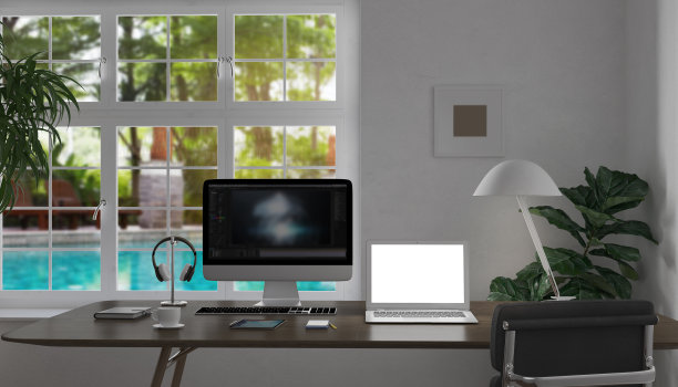 在家庭办公室工作室内配有电脑、笔记本电脑、手机的工作台。3 d渲染。图片下载