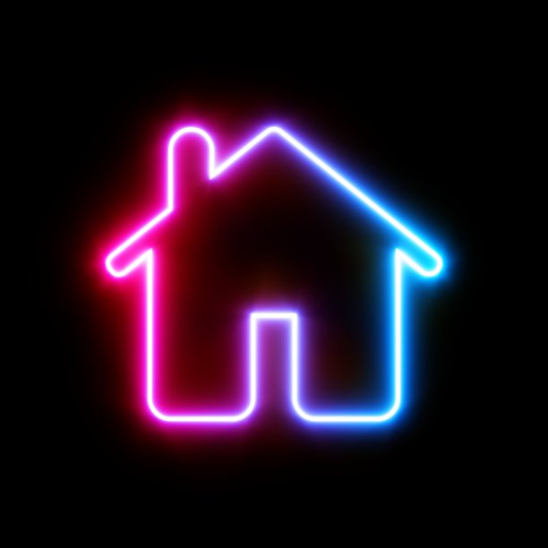 3d渲染UI房子的家图标与霓虹灯隔离在黑色背景图片下载