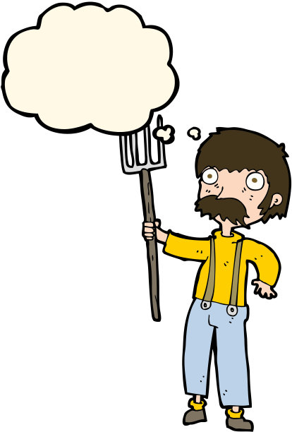 卡通农民带着干草叉和思想泡泡图片下载