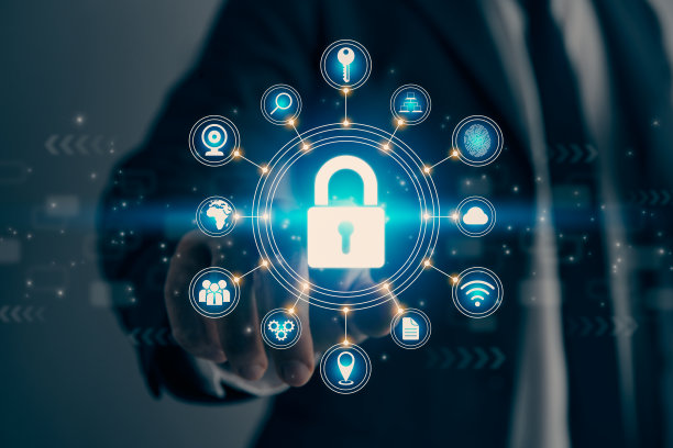 商人手和手指触摸屏幕和蓝色锁安全标志在复古色调图片下载