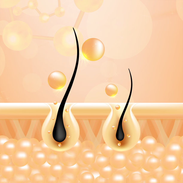 透明质酸头发和皮肤解决方案广告，金色胶原蛋白血清滴过皮肤细胞与化妆品广告背景准备使用，插图载体。图片下载
