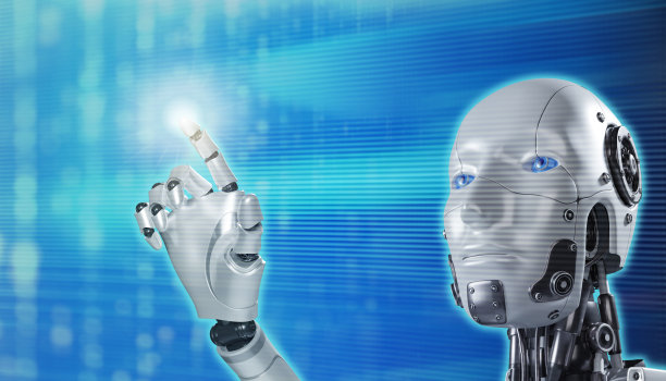 机器人的手在模糊的背景接触计算机数字屏幕图片下载