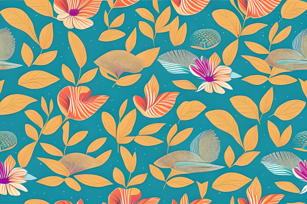 抽象的蓝色花朵和叶子无缝图案背景。花和叶子剪辑插图纹理。图片下载
