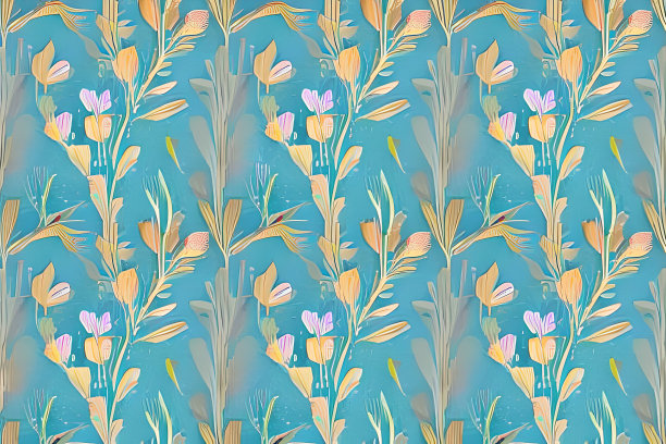 抽象的蓝色花朵和叶子无缝图案背景。花和叶子剪辑插图纹理。图片下载