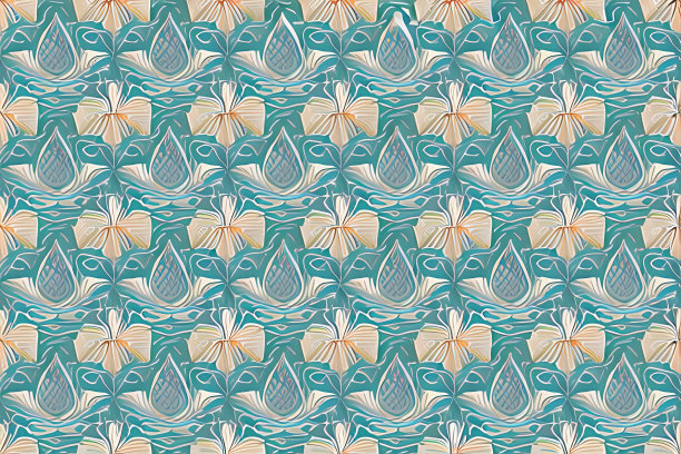 抽象的蓝色花朵和叶子无缝图案背景。花和叶子剪辑插图纹理。图片下载