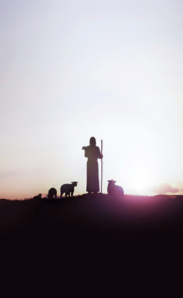 牧羊人耶稣基督领着羊，阳光和耶稣的散景剪影图片下载