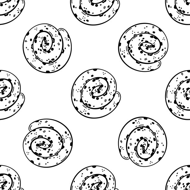 丹麦面包葡萄干无缝矢量模式。卷起甜酥皮。美味的甜点，经典的烘焙。食品素描，轮廓，线条艺术。黑白背景的包装纸，菜单，印刷品图片下载