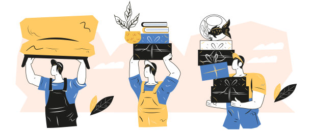 搬运工携带各种东西为房子移动的概念，矢量插图隔离。图片下载