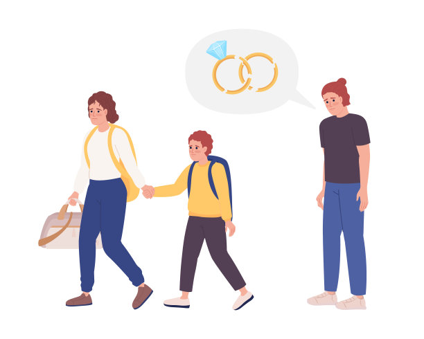 离婚的妈妈带着儿子离开爸爸半平面彩色矢量字符图片下载